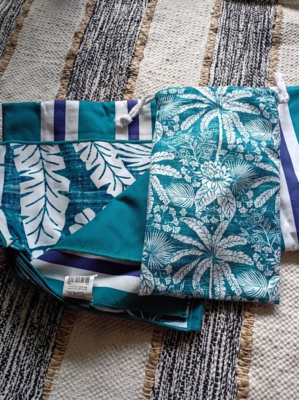 Striped And Floral Beach Towel  Teal Tropical Drawstring Pouch And Zipper Pocket